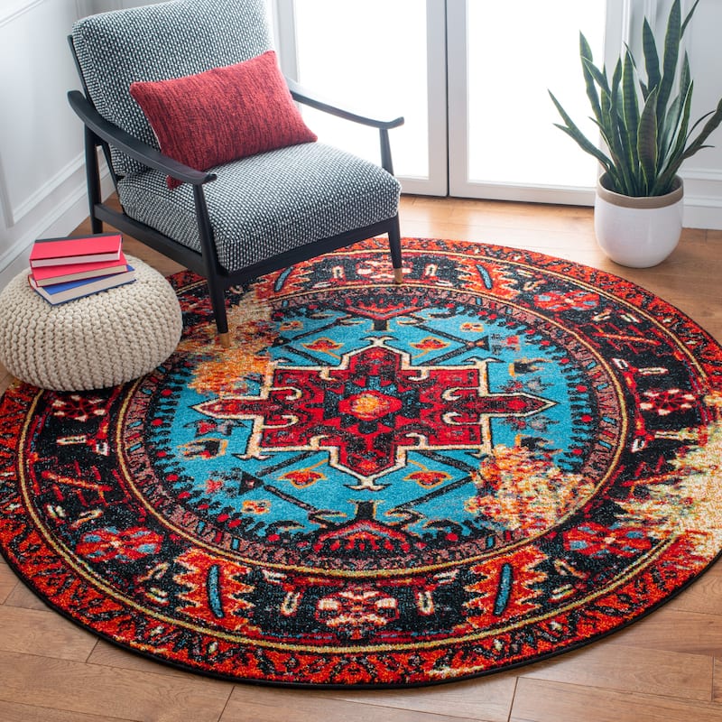 SAFAVIEH Vintage Hamadan Jaroslava Oriental Rug - 6'7" Round - Red/Light Blue