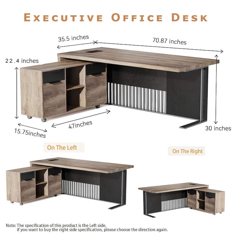 WESOME L-shaped Executive Office Desk with 2 Drawers 4 Wheels File Cabinets Cable Management