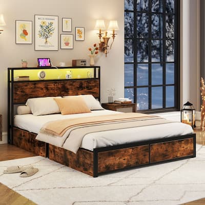 Gymax Full Size LED Bed Frame w/2-Tier Storage Headboard & 4 Drawers