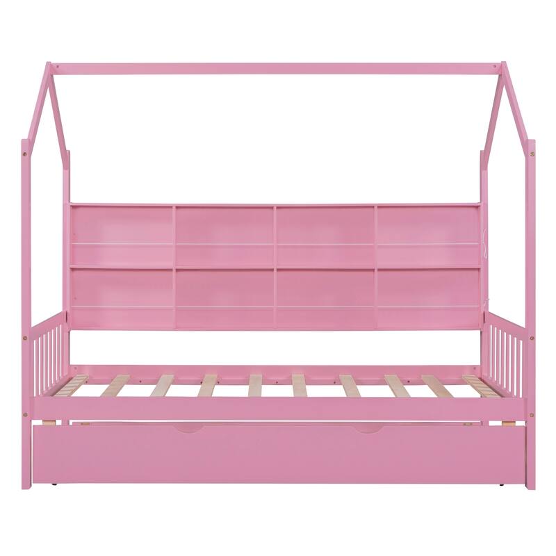 Pine Kids House Platform Bed with Trundle, Shelf, and Roof