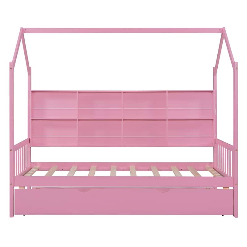 Wood House Bed with Trundle, Kids Bed with Shelf
