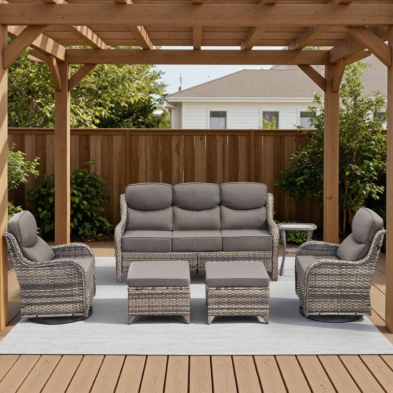 Meyreso 6-Piece Wicker Patio Conversation Set with Swivel Gliders and 6-Inch Thick Olefin Cushions - Gray Wicker - Gray Cushions