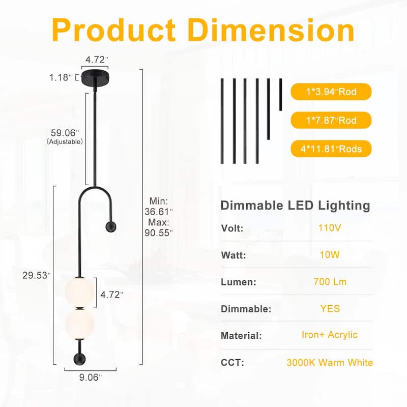 Dual Globe LED Pendant Light Dimmable Modern Hanging Fixture