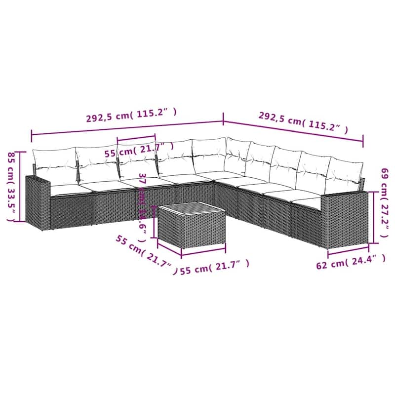 vidaXL Patio Sofa Set with Cushions Outdoor Furniture 10 Piece Poly Rattan - 25.8 x 24.4 x 27.2