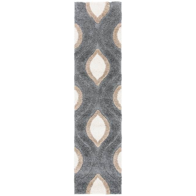 SAFAVIEH Florida Shag Bertille Geometric 1.2-inch Thick Rug - 2'3" X 9' Runner - Grey/Ivory