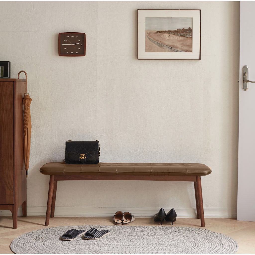 Versatile Oak Wood Bench with Leather Cushion for Various Rooms