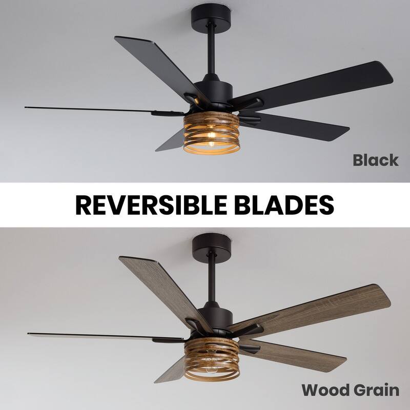 52 Inch Farmhouse Ceiling Fans with Lights and Remote Wood Black Industrial Rustic Caged Ceiling Fan for Bedroom Living Room