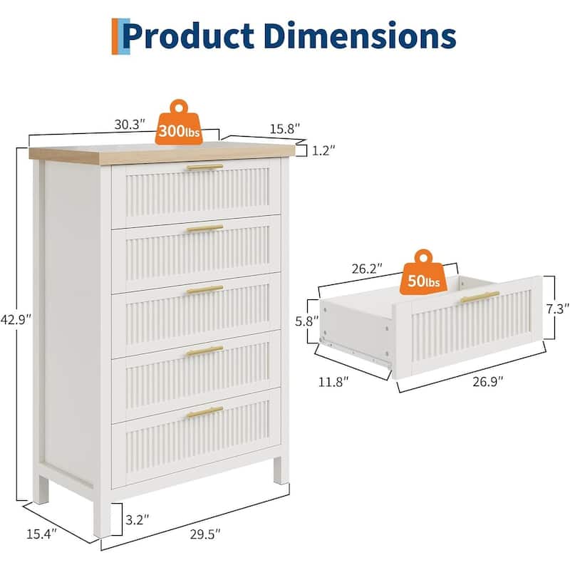 Modern Fluted Dresser with 5 Storage Drawers, Organizer Cabinet for Living Room, Bedroom