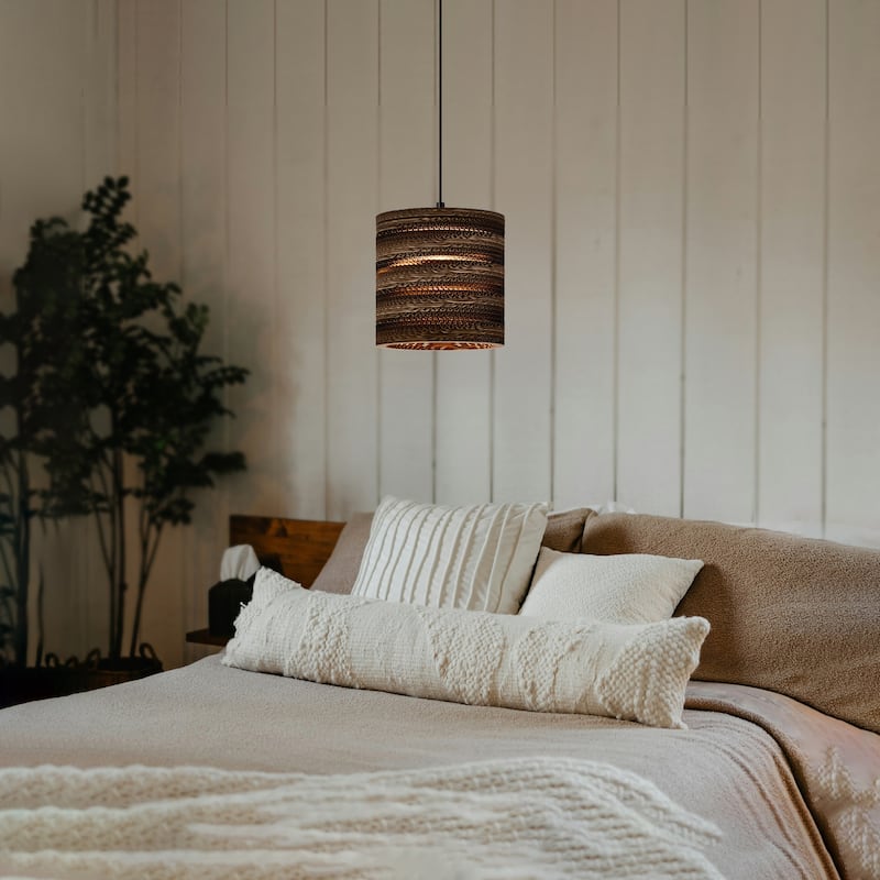 1-light Brown Natural Pendant Light With Nordic Style Cylinder Cardboard Shade For Dining Table