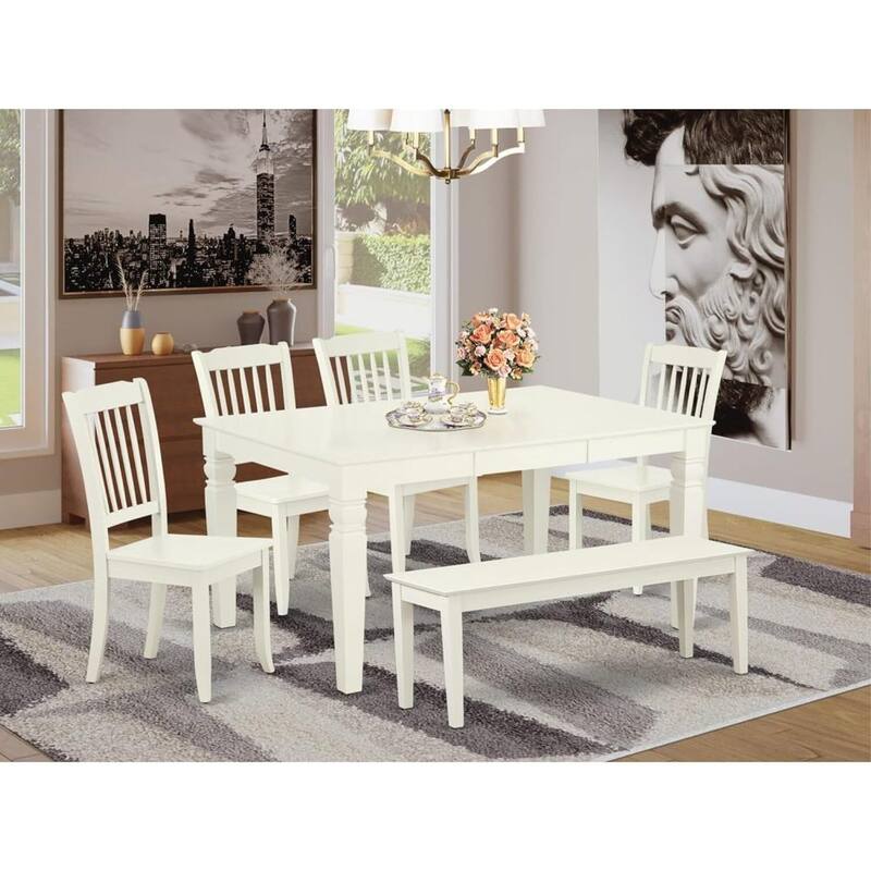 Rectangular Dining Set - 6 Piece Table & Chair Set - Linen White Finish - Kitchen Dinette - 60