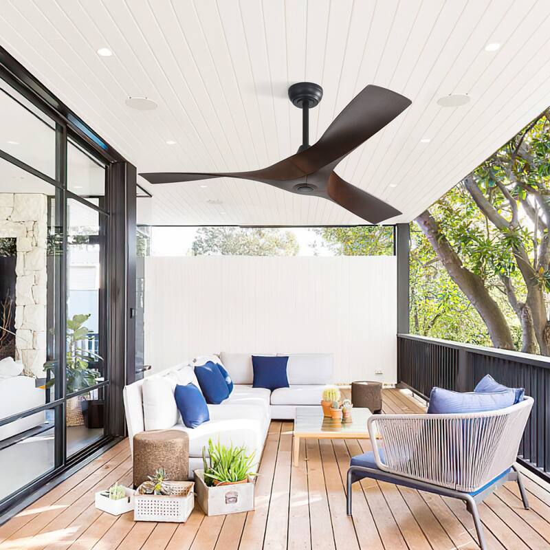 Indoor & Outdoor Ceiling Fan Without Light, 52" 6-speed Reversible DC Motor Ceiling Fan for Living Room Bedroom, Black+Walnut