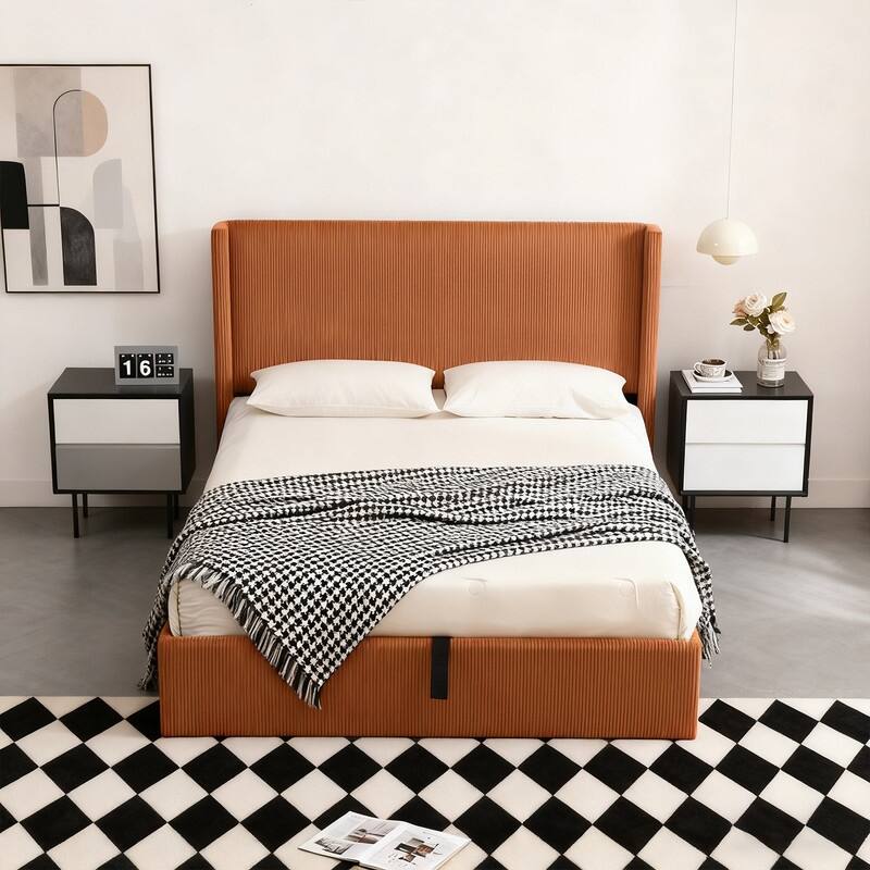 Lift Up Storage Platform Bed with Minimalist Headboard - Orange - Full