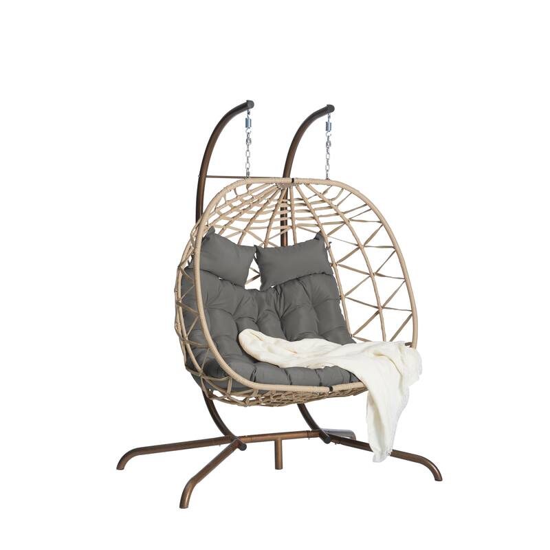 Double Rattan Egg Chair with Stand and UV-Resistant Cushions and Iron Frame - Outdoor Hanging Swing (600lb Capacity)