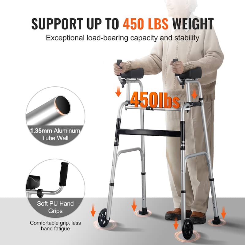 2 in 1 Folding Walker & Removable Armrests, Height Adjustable Foldable Walker with 5" Solid Wheels, Lightweight Aluminum