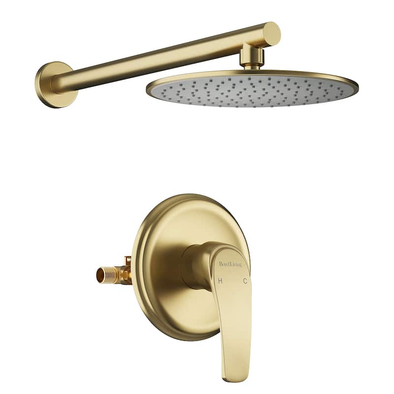 1-Spray Patterns with 9 in. Wall Mount Rain Fixed Shower Head with Valve - 9" - Brushed Gold