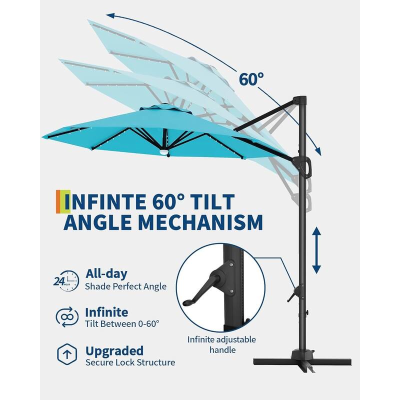 10FT Outdoor Cantilever Umbrella Patio Umbrella Solar LED with Base Included, 360-Degree Rotation