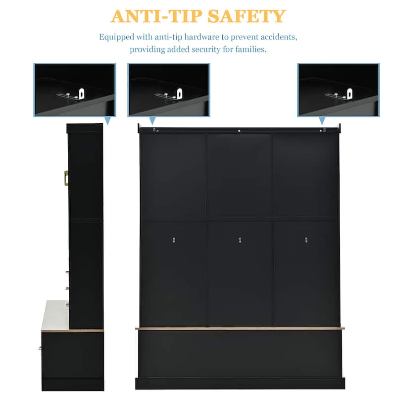 75" Entryway Hall Tree with Bench, Coat Rack, 6 Drawers, 3 Cabinets and Top Shelves, 5-in-1 Storage Organizer for Hallway