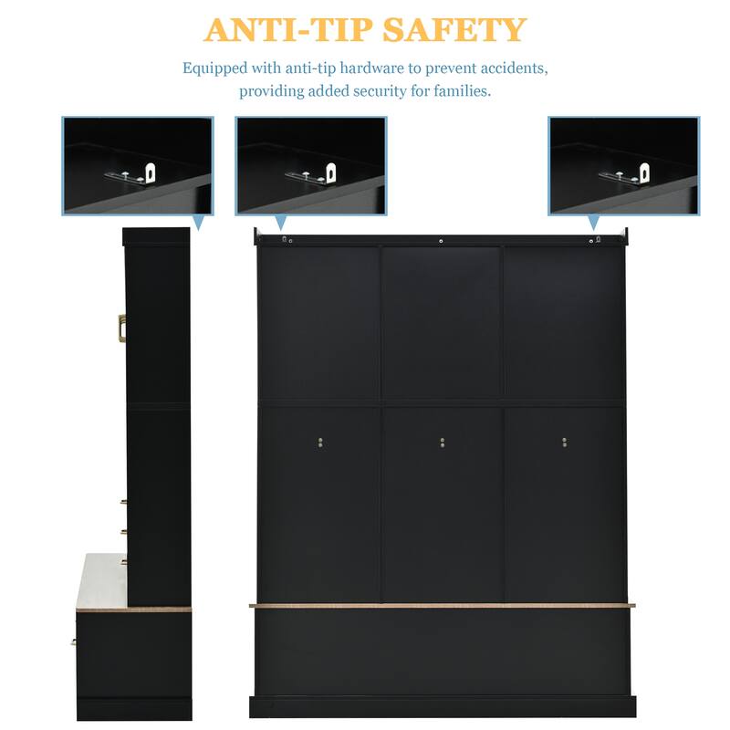 75" Hall Tree with Bench, 6 Drawers, 3 Cabinets & Coat Rack, 5-in-1 Entryway Storage