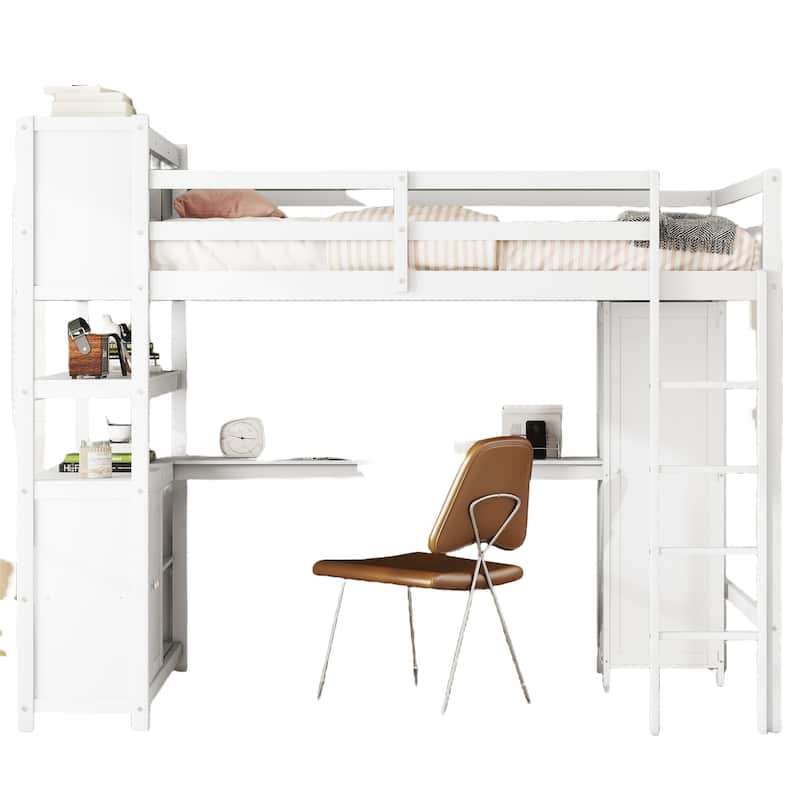Full Size Wood Loft Bed with Cabinet and Bookshelf,Wardrobe and Desk