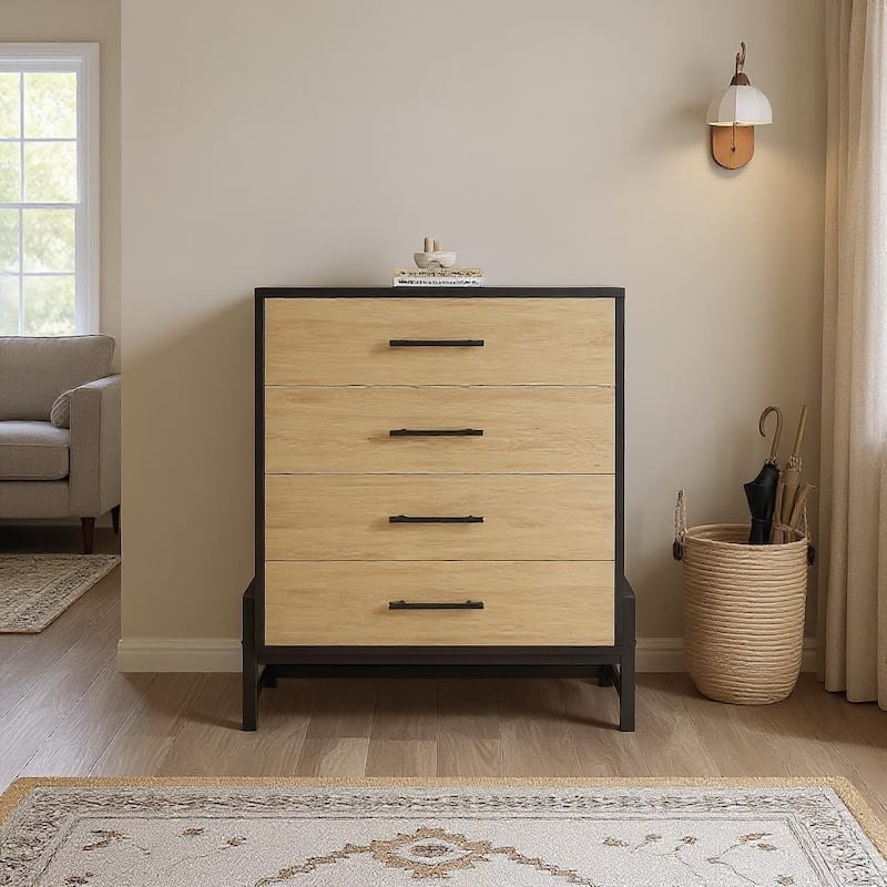 38.6" Tall Dresser, with Storage Freestanding, 4 Dresser - Natural Oak+Black