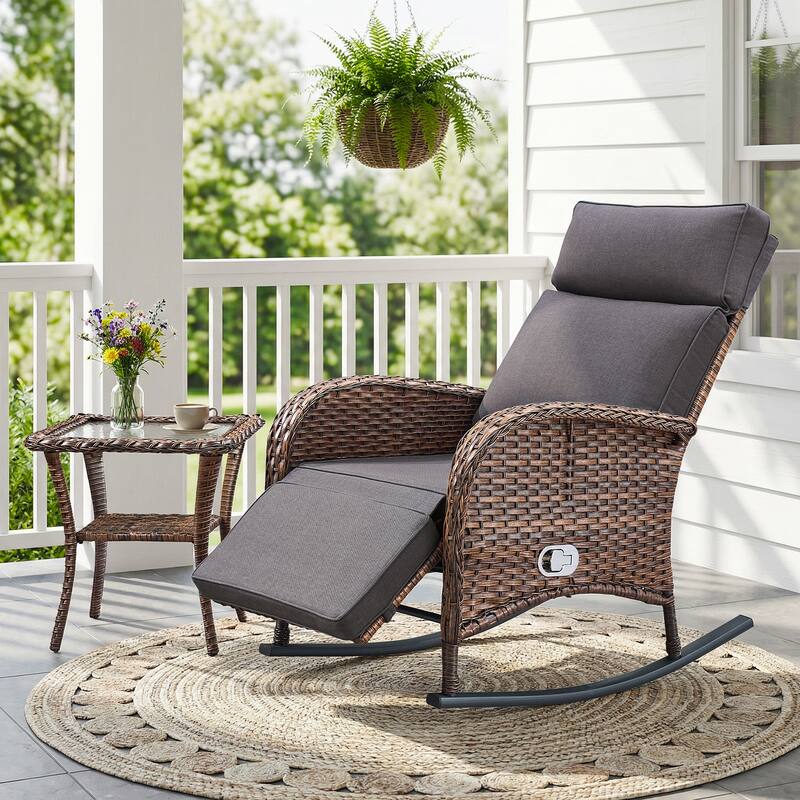 Pocassy Outdoor Patio Rocking Lounge Chairs with Adjustable Backrest Set. - Brown Wicker with Gray Cushion - 2 Piece Rocker Recliner Chair with Side Table