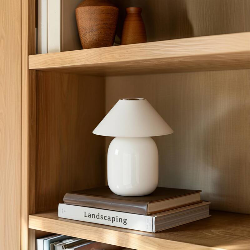 Ren LED 7.87 in Glossy Cream Midcentury Modern Urn Dimmable Cordless Portable Rechargeable Bedside Nightstand Desk Lamp