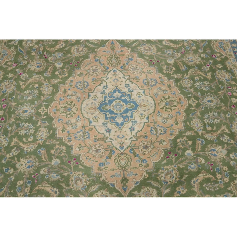 Hand Knotted Oriental 100% Wool Carpet Traditional Floral Green Kashan Area Rug - 12' 7'' X 9' 6''