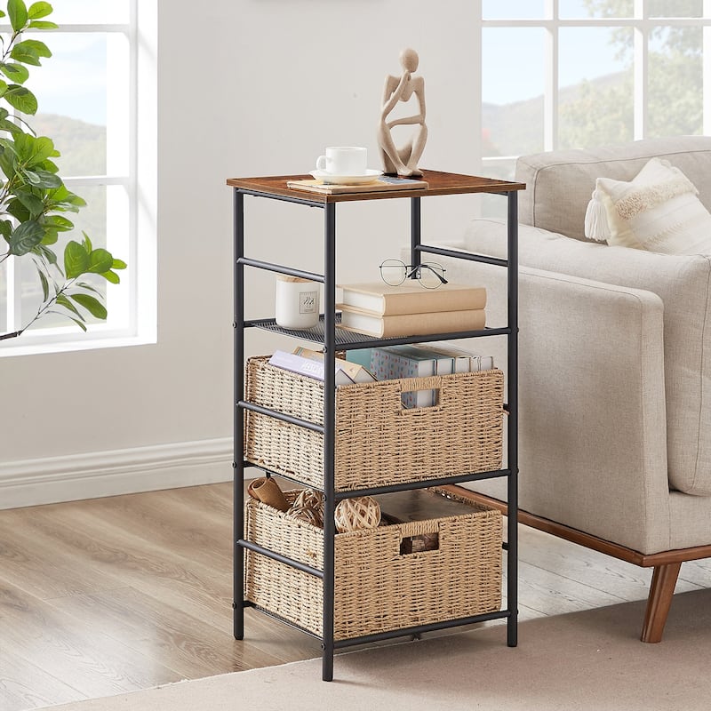 VECELO 3-Tier Nightstand Side Table/Bedside Table with Two Storage Baskets - Rustic Brown/Black