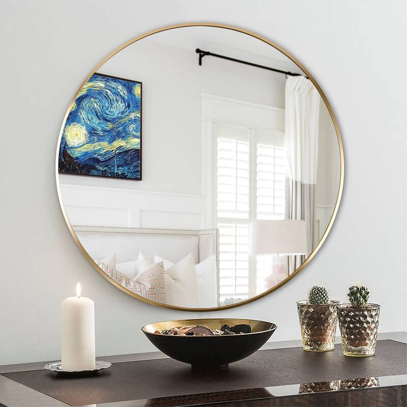 Round Wall Mirror Circle Bathroom Mirror Metal Frame for Bathroom Entryway Bedroom Living Room Wall Mounted Modern Rustic Decor - Gold - 24" x 24"