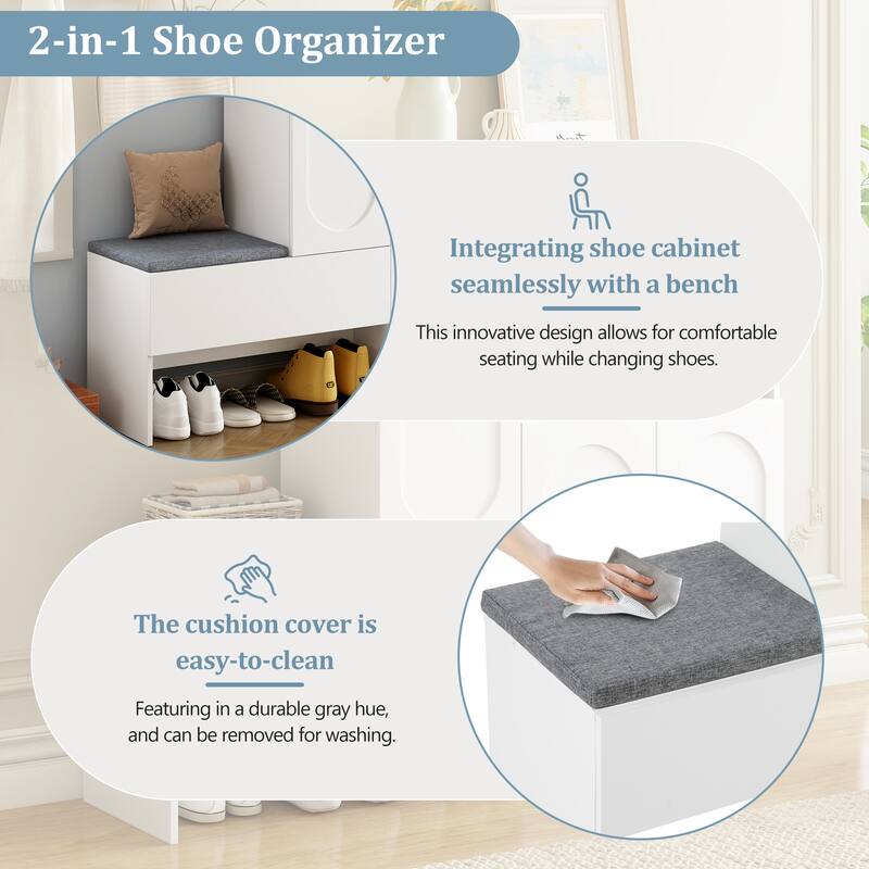 Modern Storage Bench with Arched Doors & Rebound Devices, Versatile Shoe Rack Organizer with Adjustable Shelves