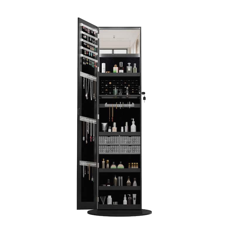 Jewelry Cabinet Armoire with Full Length Mirror, 360° Rotating, Lockable Storage Cabinet, Interior Mirror