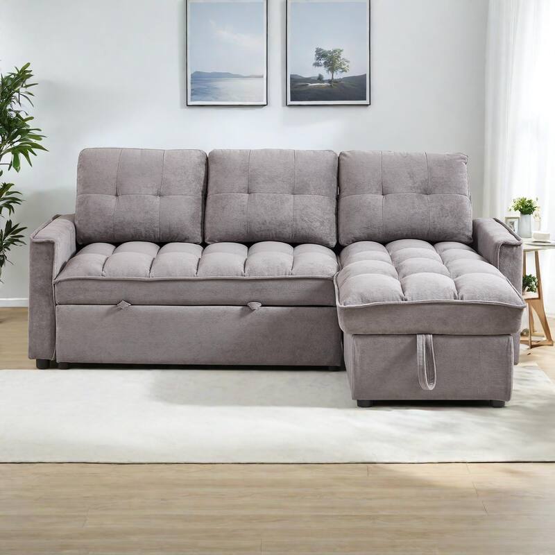 78.75" Chenille Pull-Out L-Shaped Sectional Sofa Bed with Charging Ports and Storage Chaise - DARKGREY