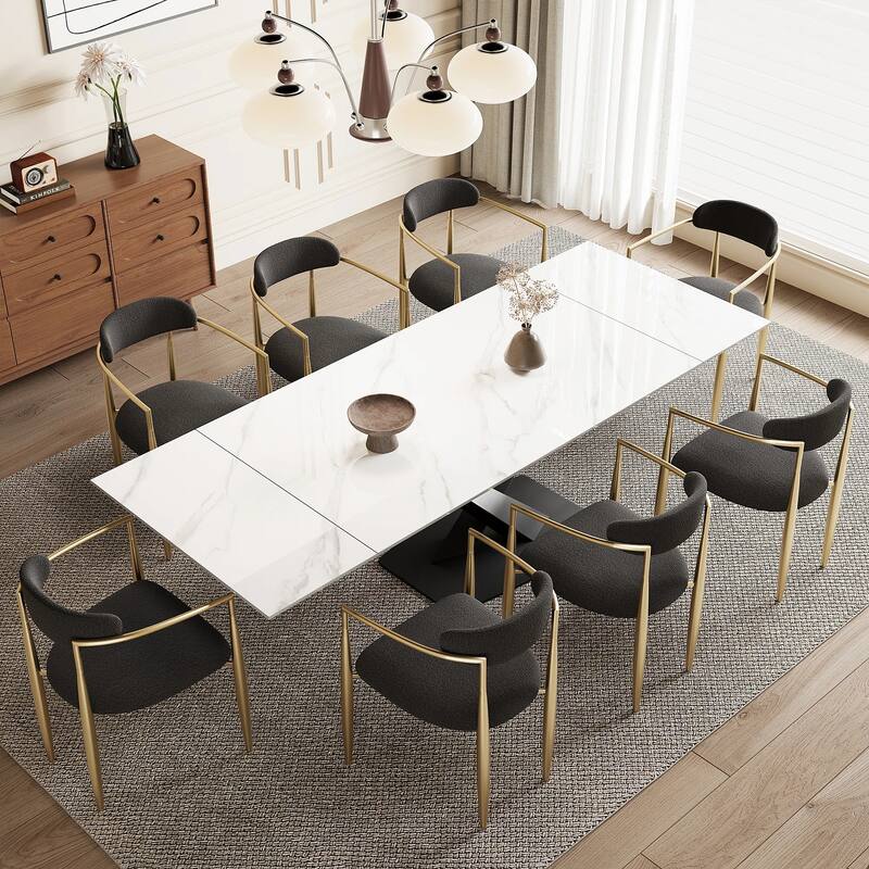 9 - Piece 94.48'' Modern Minimalist Extendable Sintered Stone Top Dining Set with 8 Fabric Chairs - Himalayas White Top/Black&Glod chair