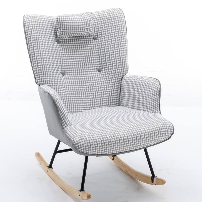 Soft Houndstooth Fabric Leather Fabric Rocking Chair, Glider Rocker with Safe Wood Base for Living Room(light grey)