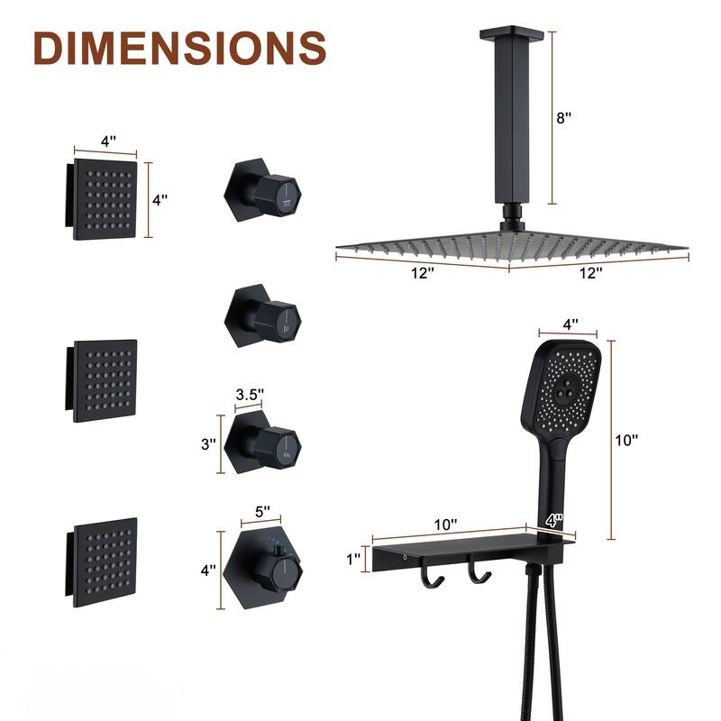12 Inch Wall Mounted Thermostatic 3 Functions Shower System