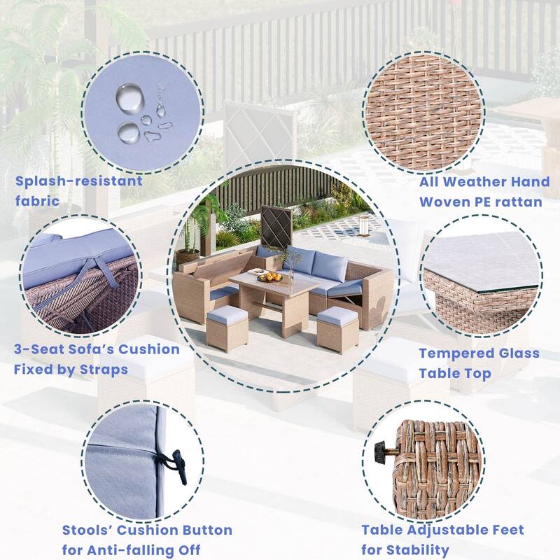 6-Piece PE Rattan Patio Sofa Set with Storage & Adjustable Seats