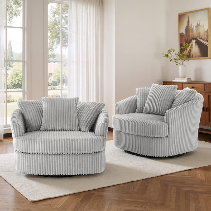 Oversized 43" W Plush Corduroy Slipcovered Swivel Barrel Chair with Pillows Set of 2