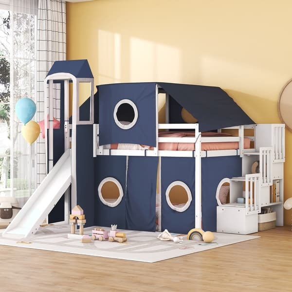 slide 2 of 18, Playhouse Full Size Loft Bed with Tent and Tower,Spacious Under Bed Space for Kids Bedroom Blue