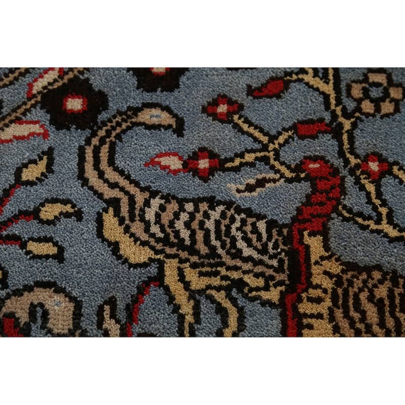 Animal Pictorial Ziegler Indian Runner Rug Handmade Blue Wool Carpet - 2'5"x 8'0"