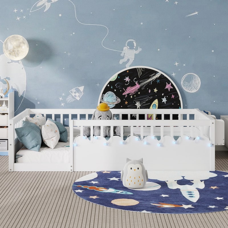 Montessori-Style Floor Bed with High Safety Rails‌ – Wooden Toddler Bed Featuring Built-In Storage Shelf and Soft Lighting