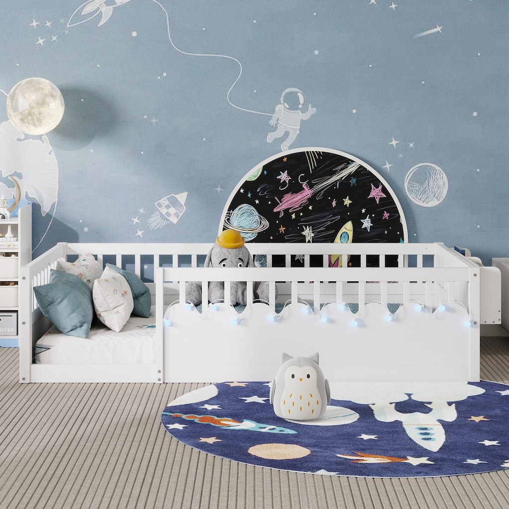 Wooden Kids Montessori Floor Bed with LED Light and Storage Shelf, No Slats