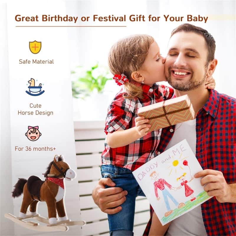 Plush Rocking Horse with Red Scarf for Kids Ages 3 and Up Soft Saddle and Galloping Sounds Toy - 29.25"L x 13"W x 24.5"H