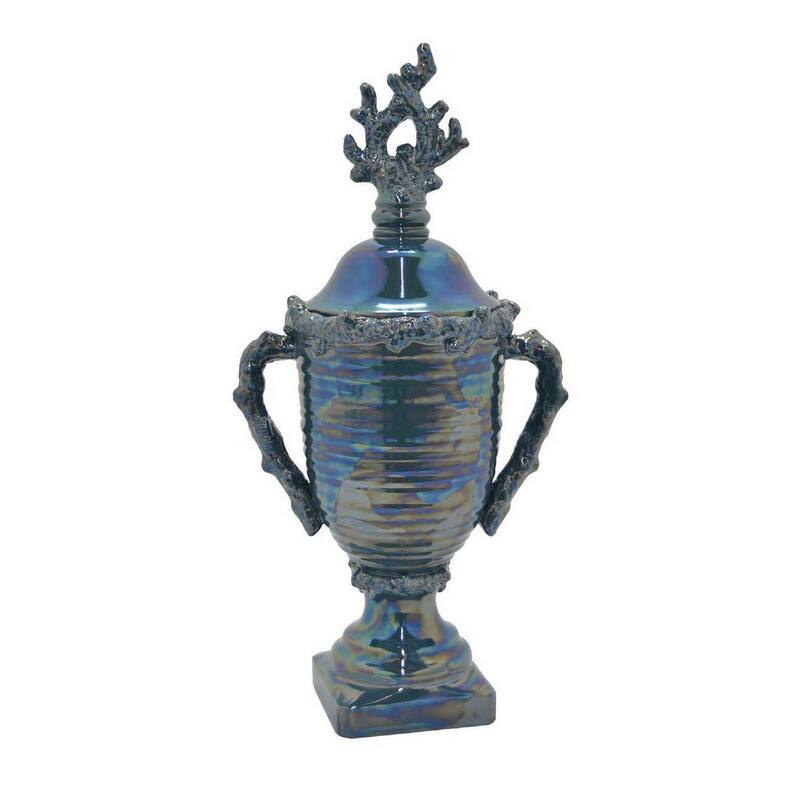 Decorative Jar, 24 Inch, Blue Ceramic, Ribbed Classic Trophy Design
