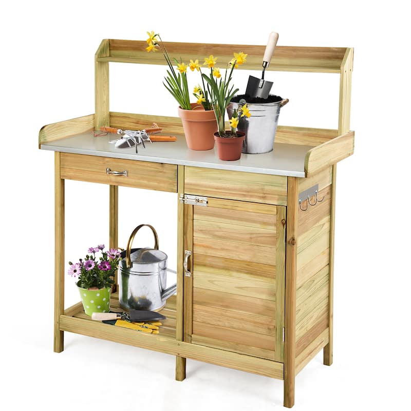 Wooden Garden Work Station Potting Bench Table with Drawer Cabinet - Natural