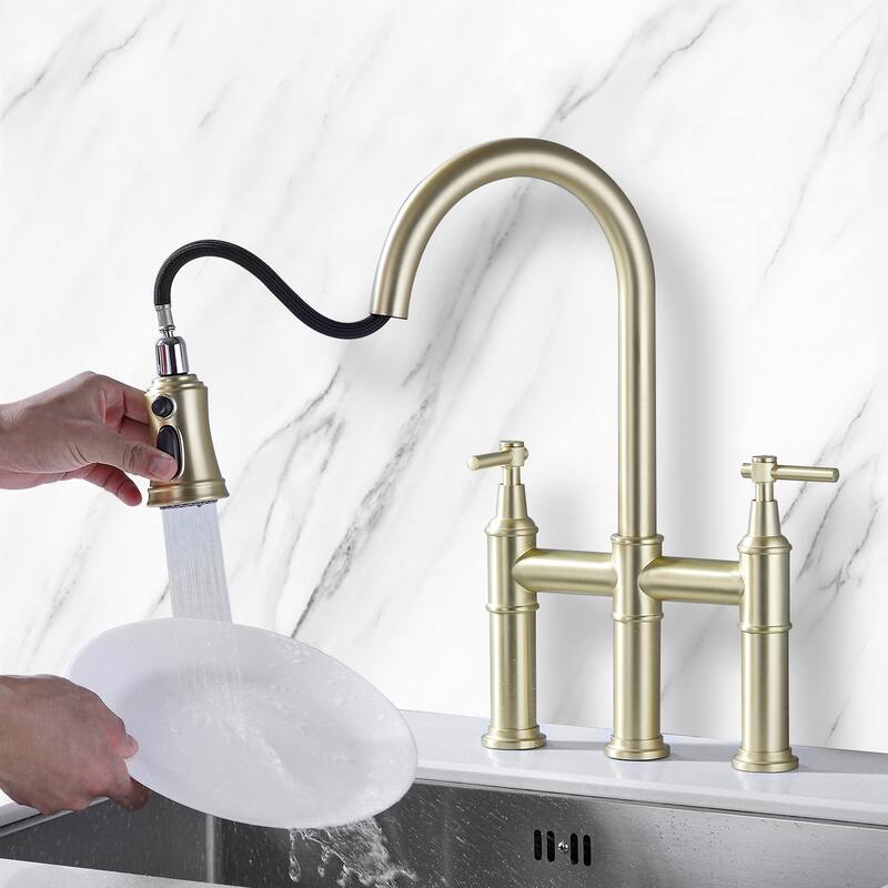 Transitional Bridge Kitchen Faucet with Pull-Down Sprayhead, Double Handle Kitchen Sink Faucet