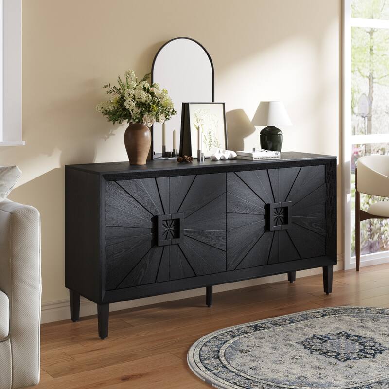 60" Premium Rustic American Farmhouse Credenza in Elegant Black - Symmetrical Sunburst Door Design, Heavy-Duty TV Stand - Black