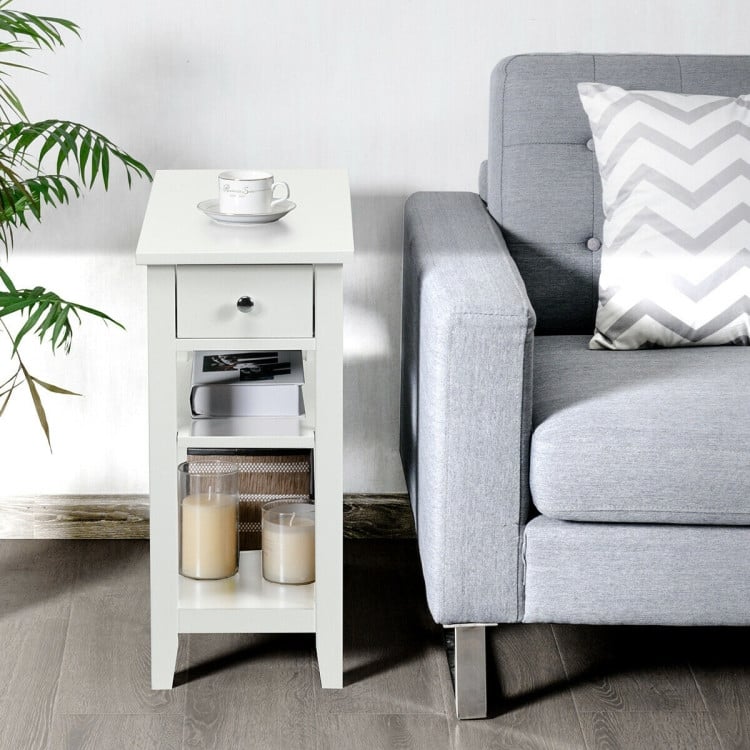 3-Tier Nightstand Bedside Table Sofa Side with Double Shelves Drawer-White - 24" x 12" x 24.5" (L x W xH)