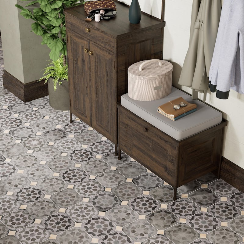 Merola Tile Laverton Octagon Deco Sombra with Taco Beige 7-7/8" x 7-7/8" Porcelain Floor and Wall Tile