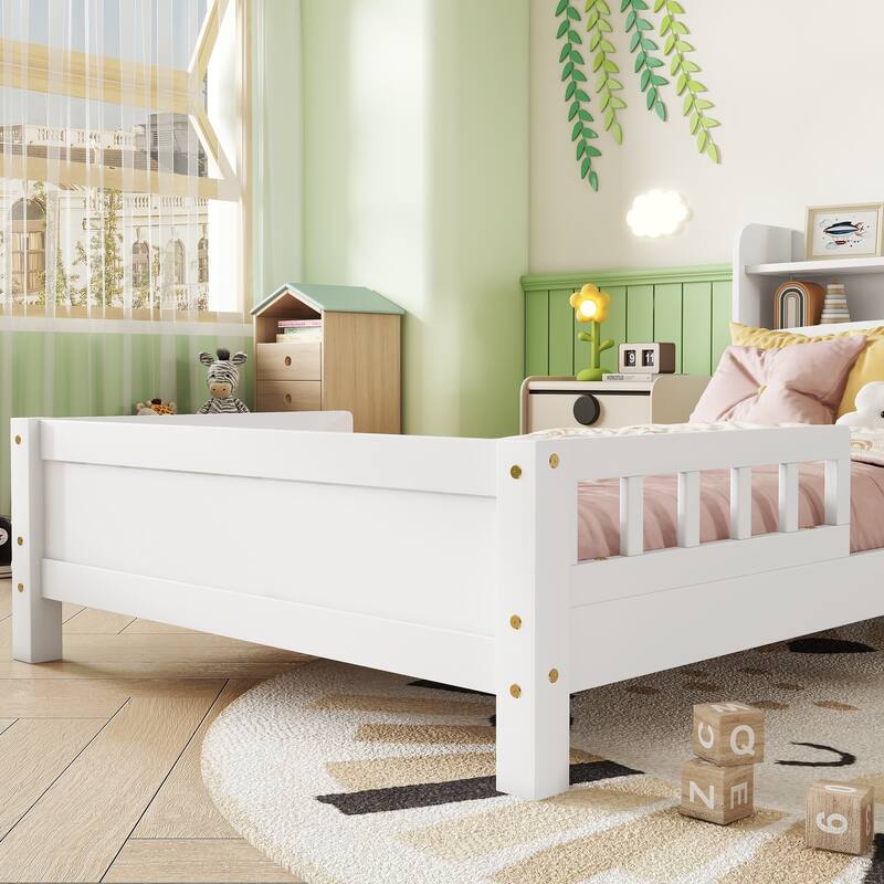 White Twin Pine Wood Bed with Bookcase Headboard, LED Motion Sensor Light, Guardrails