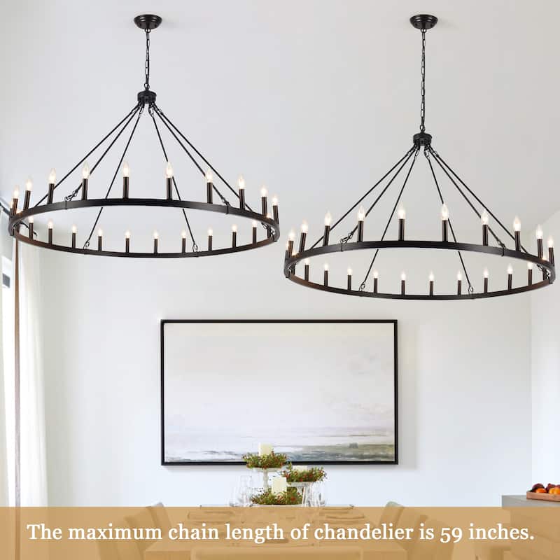 24 - Light 52in. Lagre Dimmable Wagon Wheel Chandelier Farmhouse Round Vintage Candle Style Light - N/A